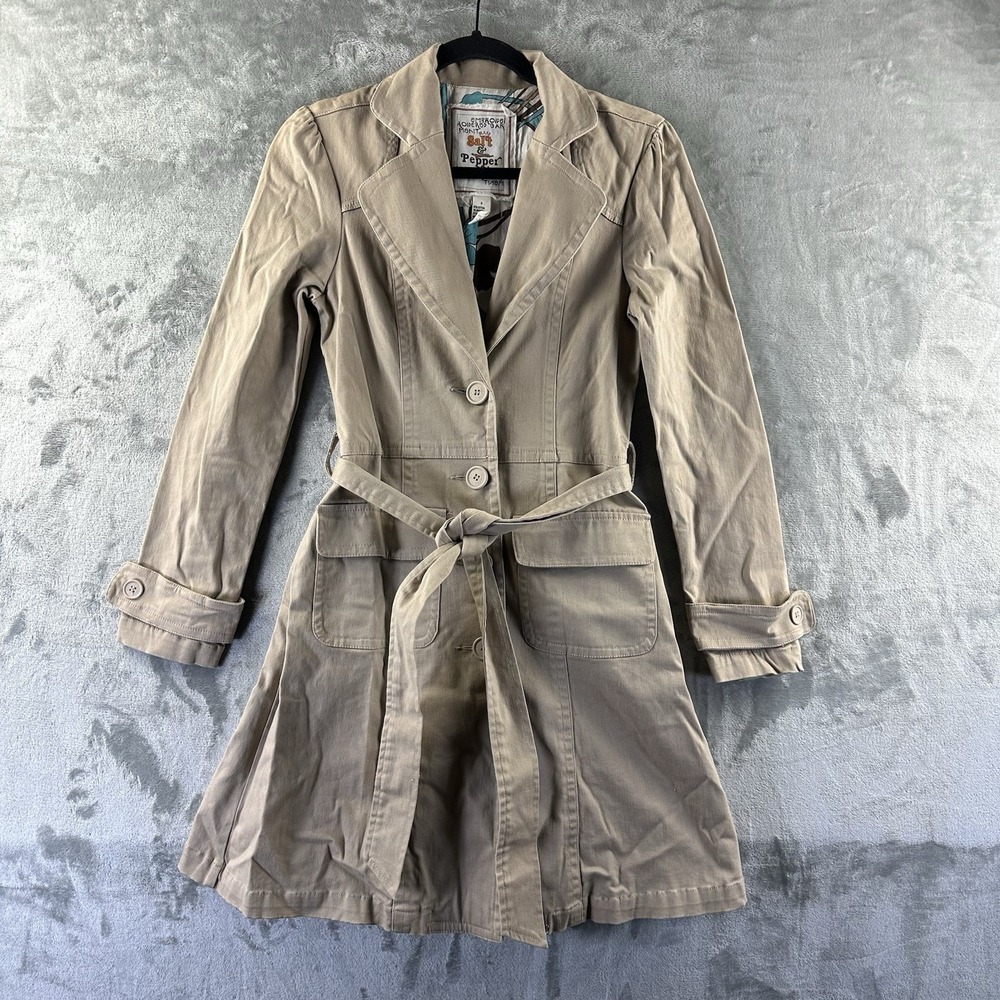 Salt & Pepper Trench Coat Women's S Tan Beige Cotton Tie Waist